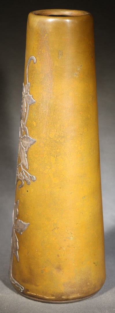 Antique Heintz Art Metal Sterling Silver on Bronze Vase with Ivy Vine Design
