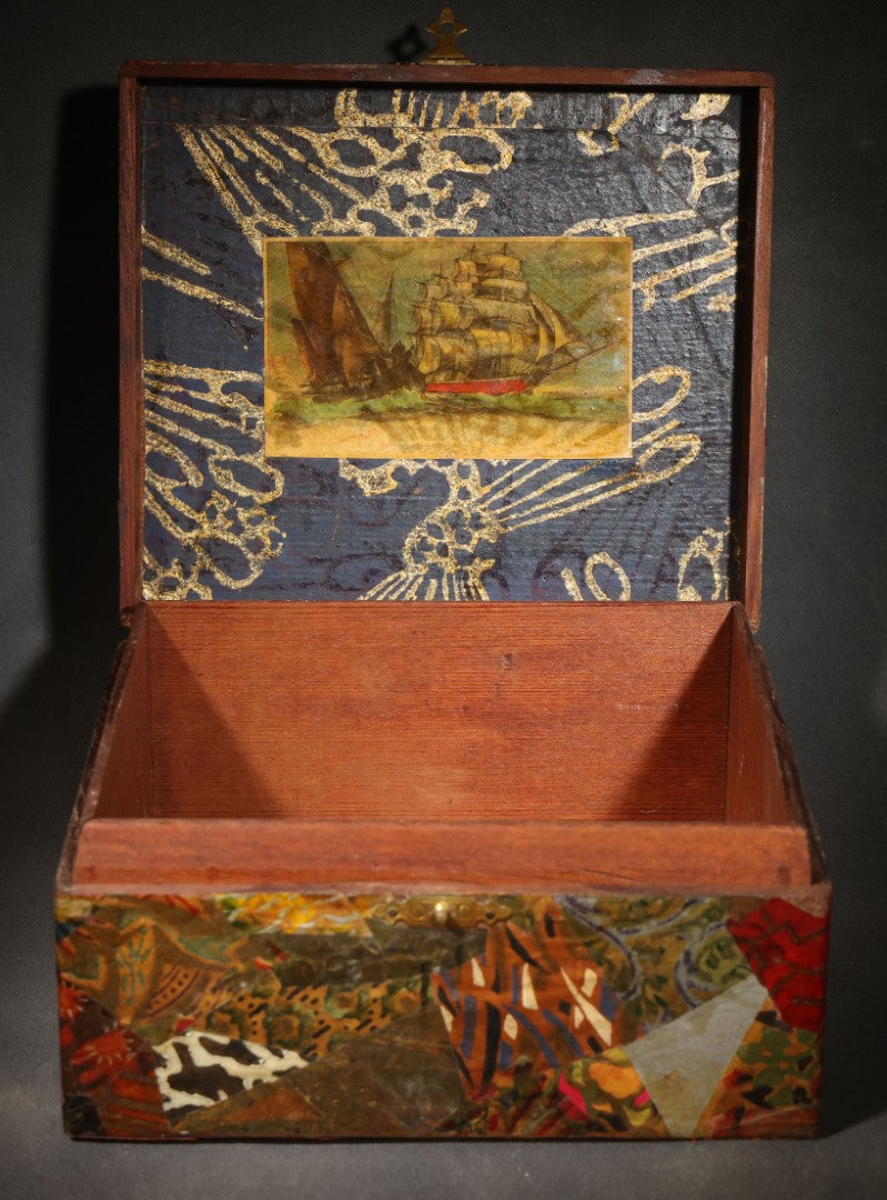 Antique Decoupage Box with Sailing Ship Interior Lid Image