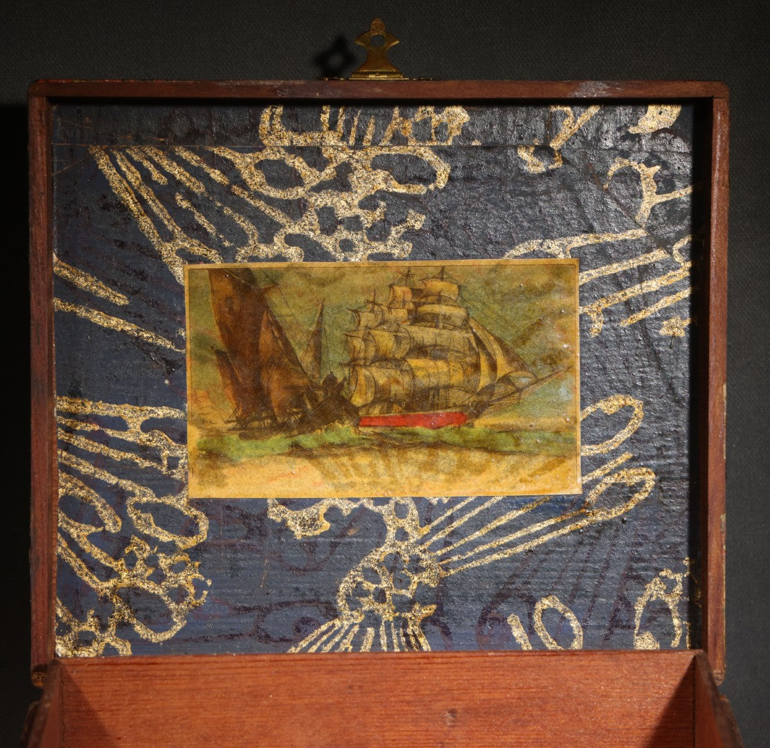 Antique Decoupage Box with Sailing Ship Interior Lid Image