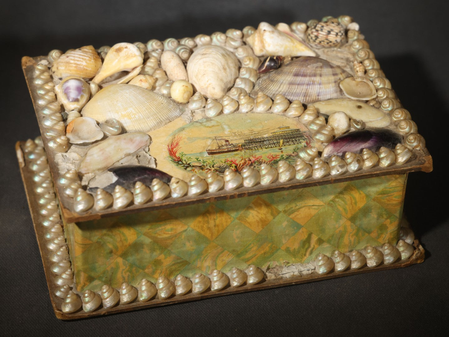 Antique Shell-Covered Souvenir Trinket Box with Steamship and Pier Vignette, Marbled Paper Sides, Made in England