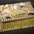 Lot 008 - Antique Shell-Covered Souvenir Trinket Box with Steamship and Pier Vignette, Marbled Paper Sides, Made in England, 6-3/8" L x 3" H
