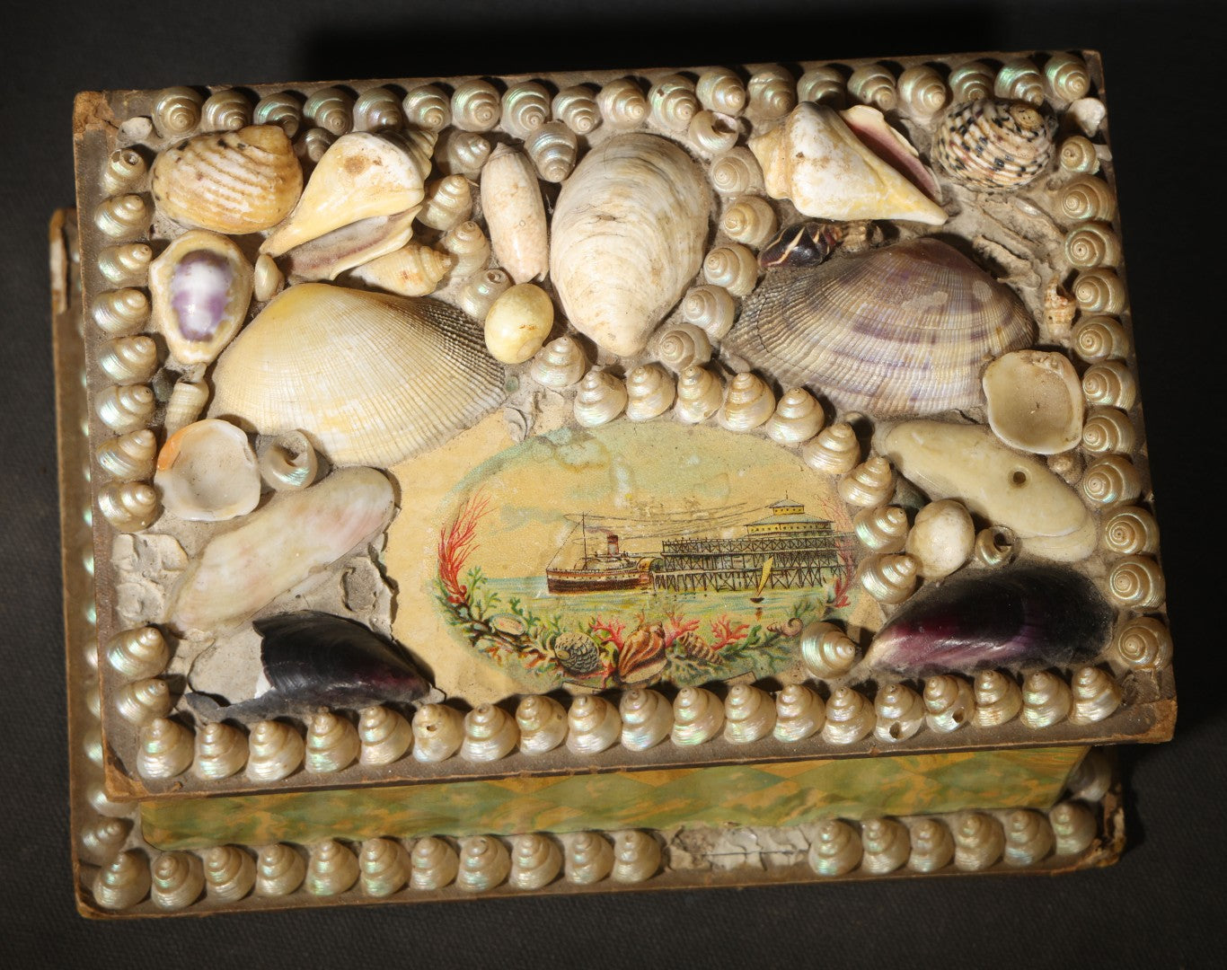 Antique Shell-Covered Souvenir Trinket Box with Steamship and Pier Vignette, Marbled Paper Sides, Made in England