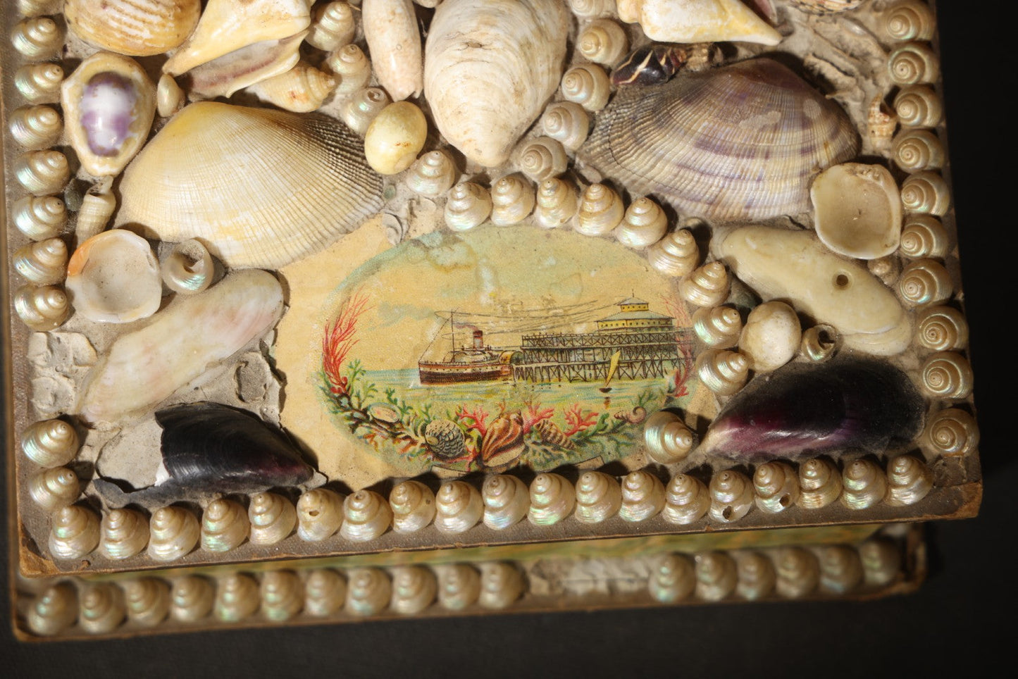 Antique Shell-Covered Souvenir Trinket Box with Steamship and Pier Vignette, Marbled Paper Sides, Made in England