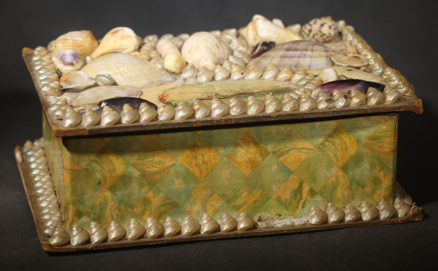Antique Shell-Covered Souvenir Trinket Box with Steamship and Pier Vignette, Marbled Paper Sides, Made in England