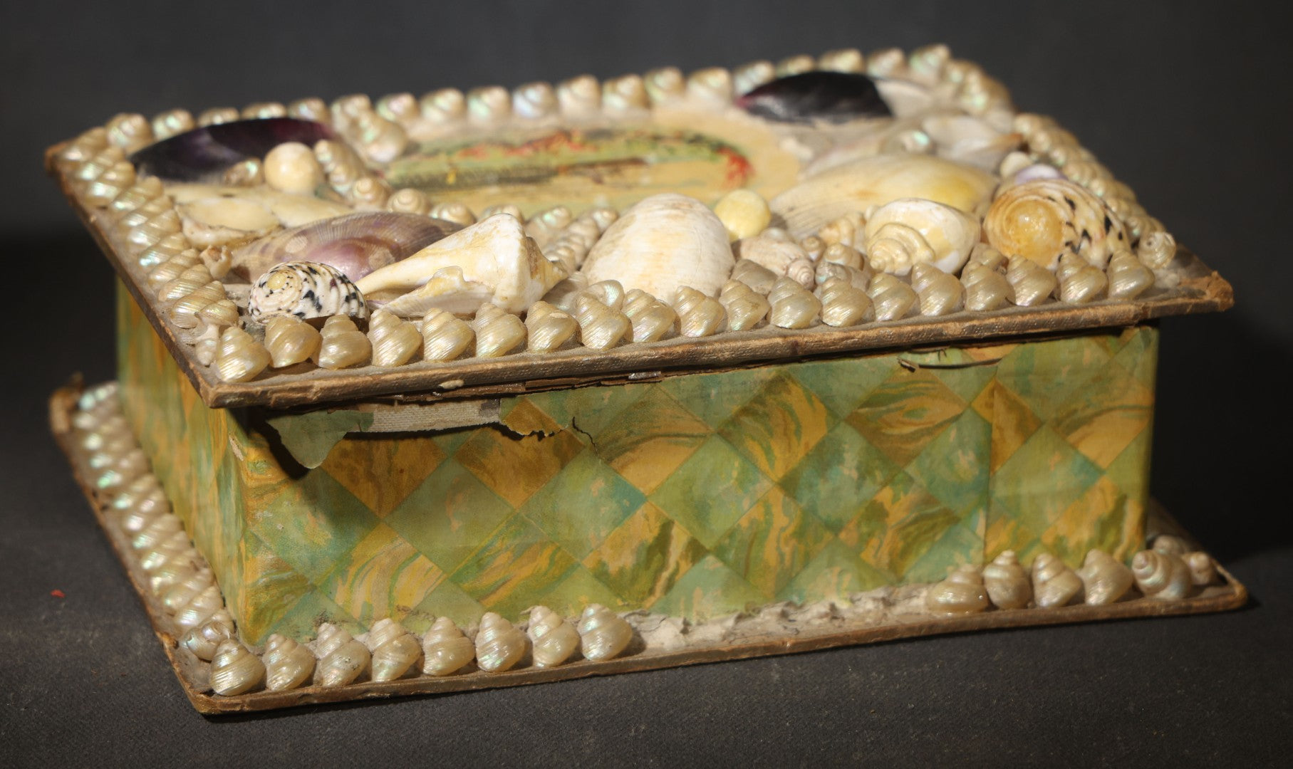 Antique Shell-Covered Souvenir Trinket Box with Steamship and Pier Vignette, Marbled Paper Sides, Made in England