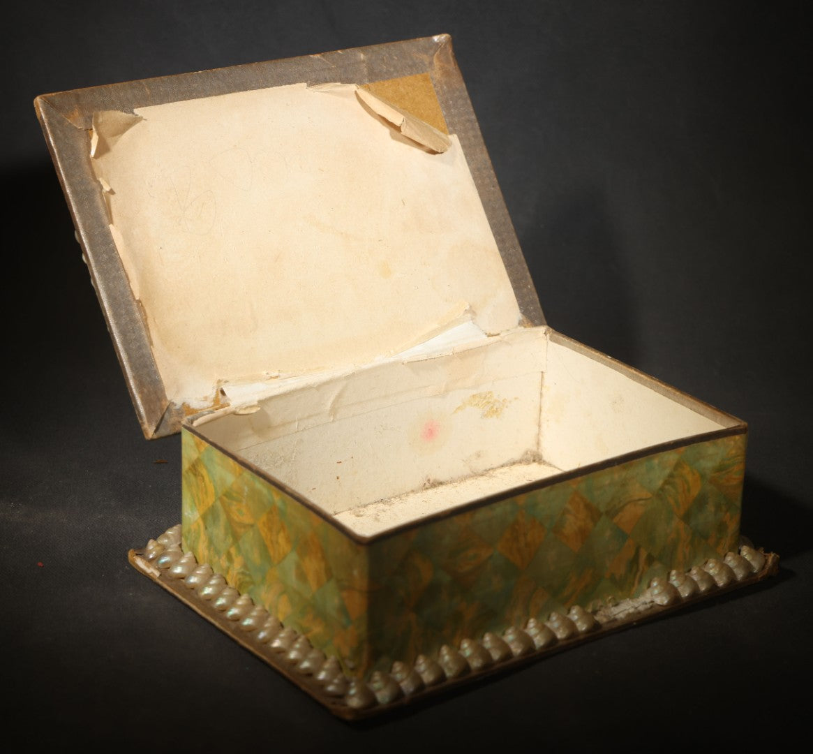 Antique Shell-Covered Souvenir Trinket Box with Steamship and Pier Vignette, Marbled Paper Sides, Made in England