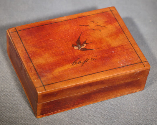 Vintage Italian Souvenir Wood Box with Inlaid Swallow and "Capri" Script, Inscribed "I Love You Betty" and Signed "Joe"