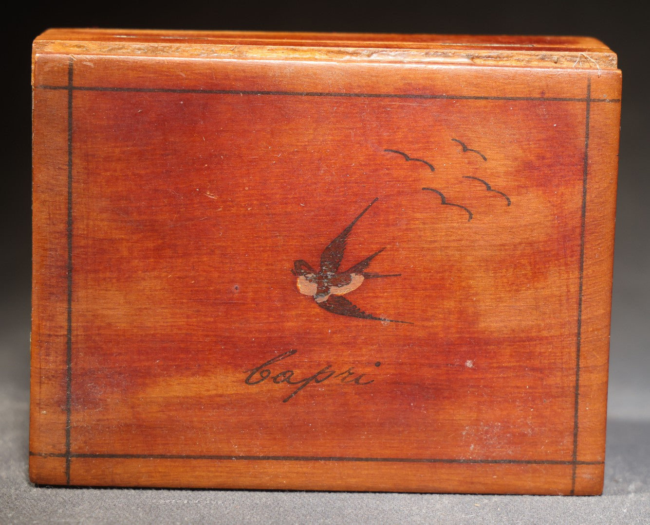 Vintage Italian Souvenir Wood Box with Inlaid Swallow and "Capri" Script, Inscribed "I Love You Betty" and Signed "Joe"