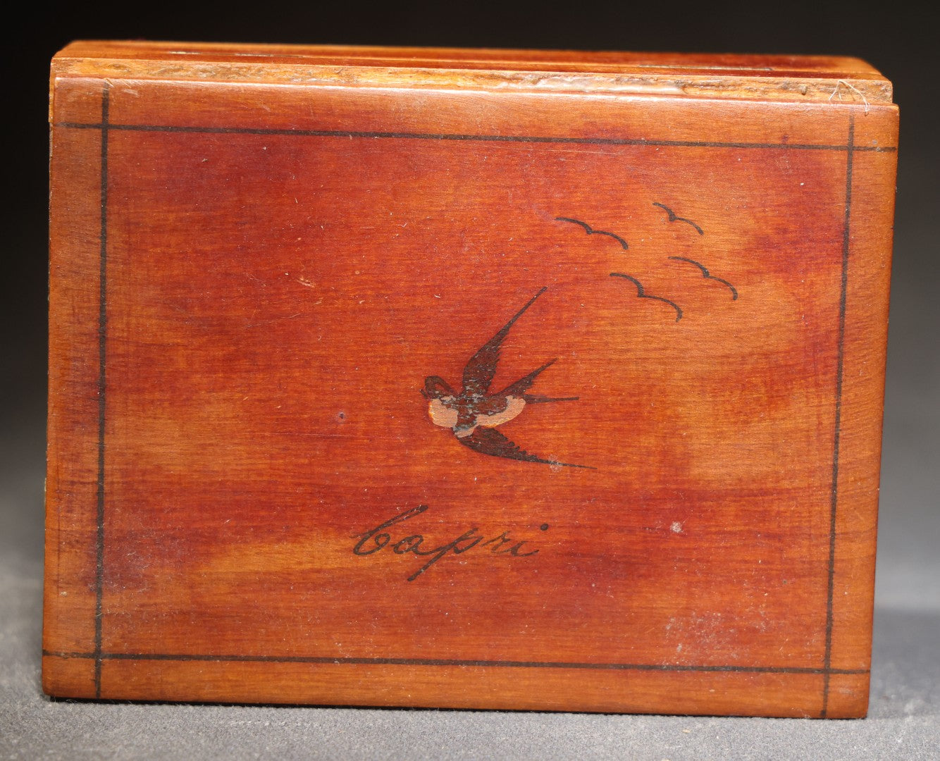 Vintage Italian Souvenir Wood Box with Inlaid Swallow and "Capri" Script, Inscribed "I Love You Betty" and Signed "Joe"