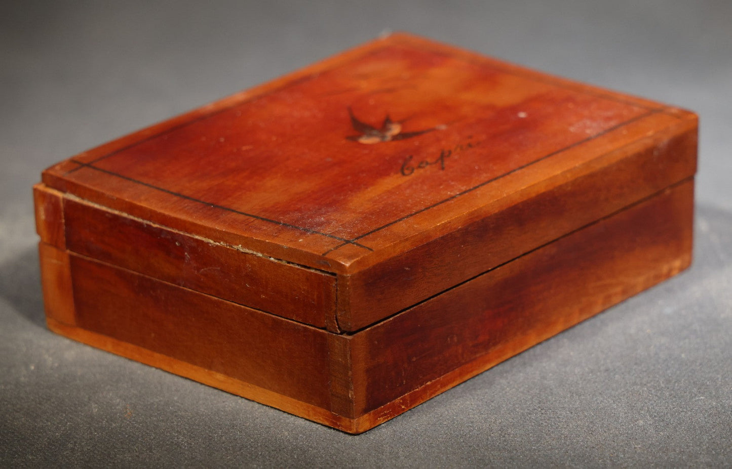 Vintage Italian Souvenir Wood Box with Inlaid Swallow and "Capri" Script, Inscribed "I Love You Betty" and Signed "Joe"