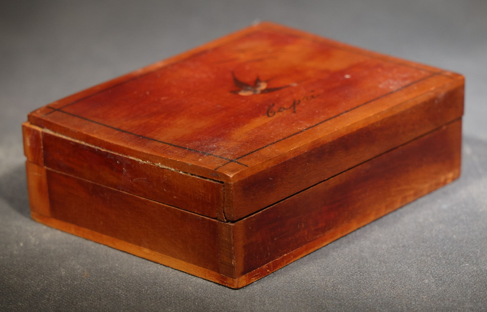 Vintage Italian Souvenir Wood Box with Inlaid Swallow and "Capri" Script, Inscribed "I Love You Betty" and Signed "Joe"
