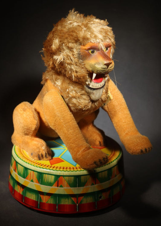 Vintage Battery-Operated Circus Lion Toy on Lithographed Tin Platform, Made in Japan, Not Tested
