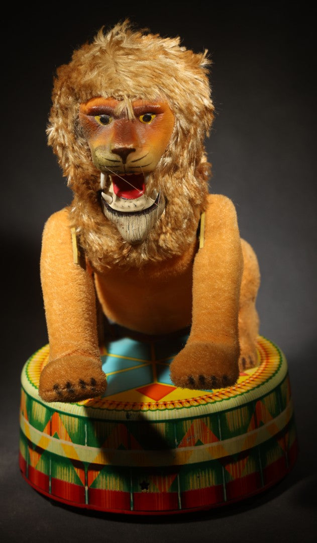 Vintage Battery-Operated Circus Lion Toy on Lithographed Tin Platform, Made in Japan, Not Tested