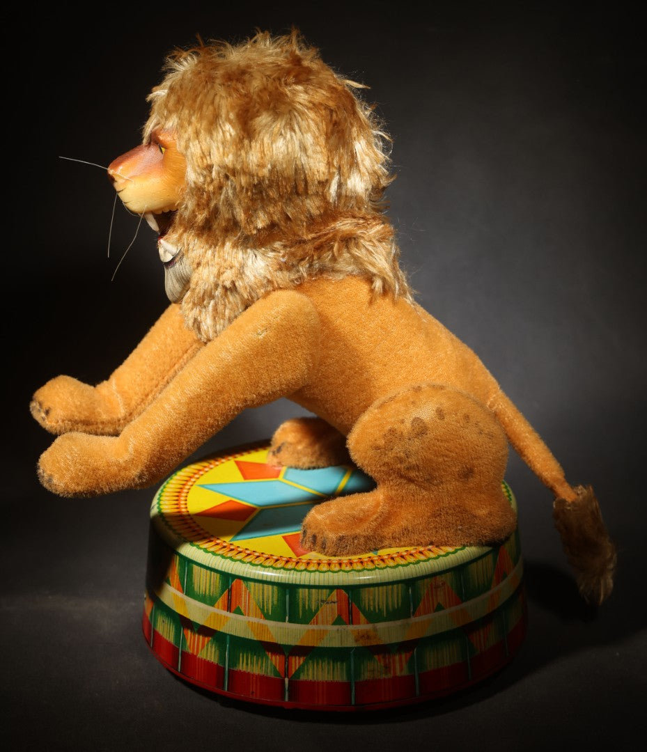 Vintage Battery-Operated Circus Lion Toy on Lithographed Tin Platform, Made in Japan, Not Tested