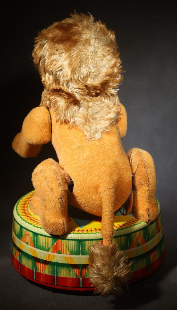 Vintage Battery-Operated Circus Lion Toy on Lithographed Tin Platform, Made in Japan, Not Tested