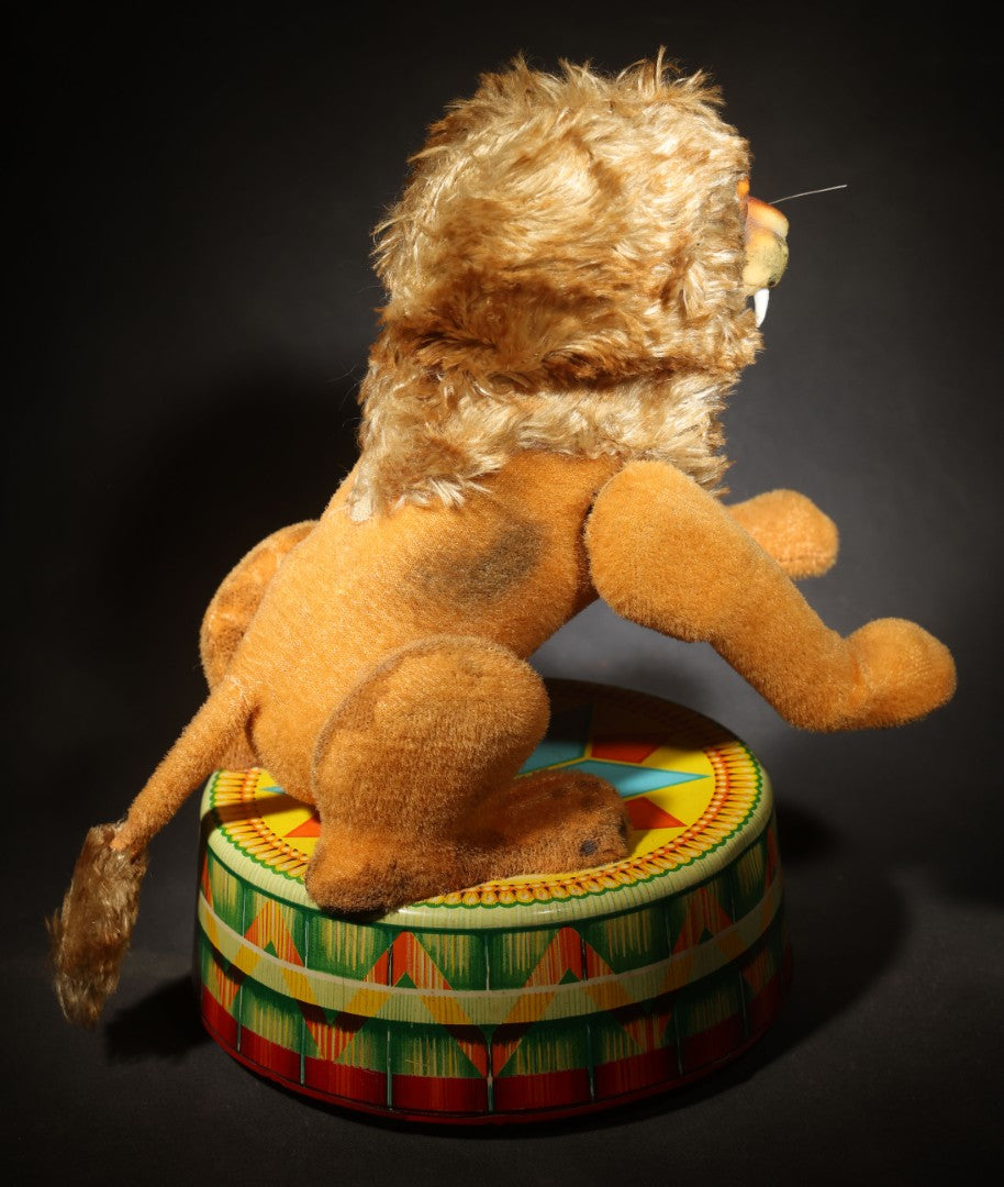 Vintage Battery-Operated Circus Lion Toy on Lithographed Tin Platform, Made in Japan, Not Tested