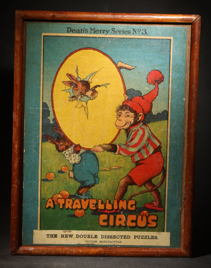Antique Dean & Son "A Travelling Circus" Double Dissected Puzzle, Dean's Merry Series No. 3, with Illustrated Story Booklet in Wooden Box, Made in England
