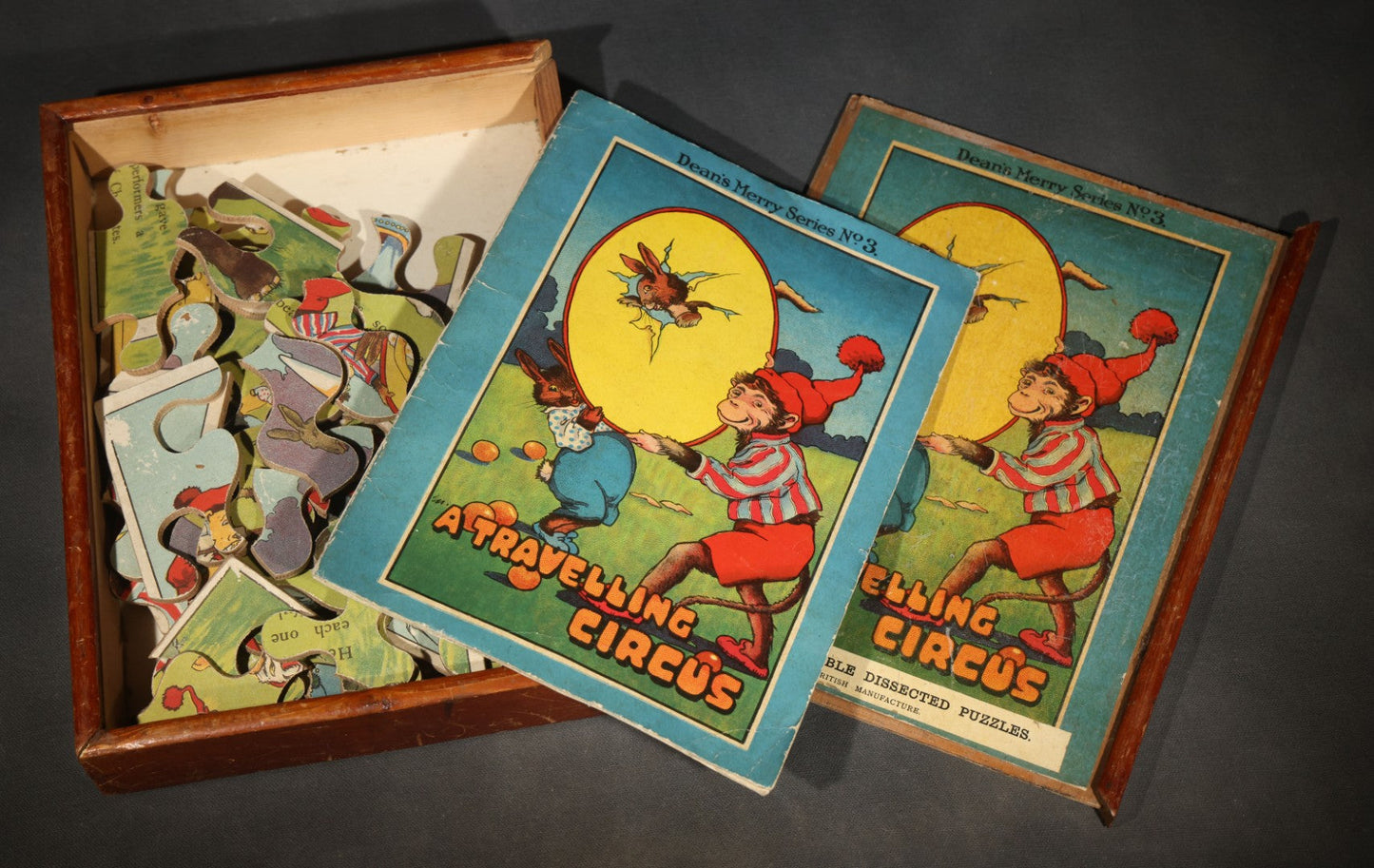 Antique Dean & Son "A Travelling Circus" Double Dissected Puzzle, Dean's Merry Series No. 3, with Illustrated Story Booklet in Wooden Box, Made in England