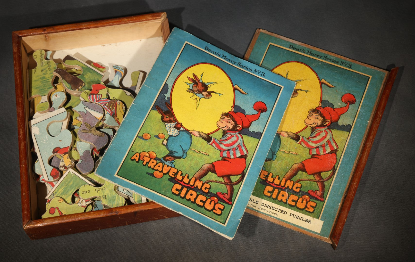 Antique Dean & Son "A Travelling Circus" Double Dissected Puzzle, Dean's Merry Series No. 3, with Illustrated Story Booklet in Wooden Box, Made in England