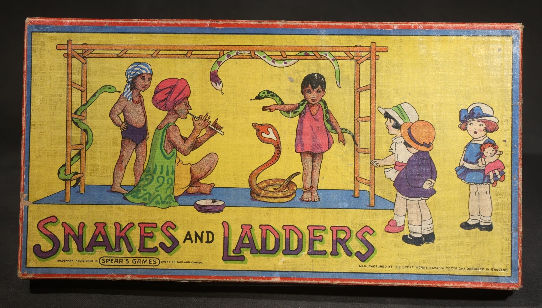 Vintage Snakes and Ladders Board Game and Box, Spear's Games, Manufactured at the Spear Works, Bavaria, Designed in England