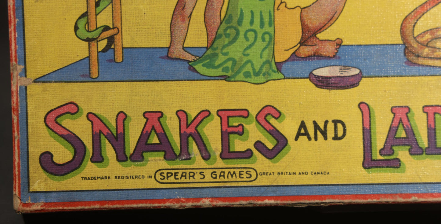 Vintage Snakes and Ladders Board Game and Box, Spear's Games, Manufactured at the Spear Works, Bavaria, Designed in England