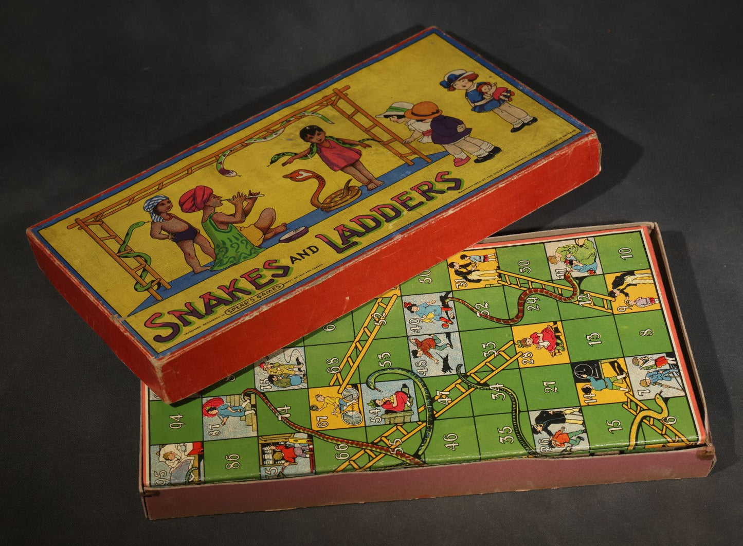 Vintage Snakes and Ladders Board Game and Box, Spear's Games, Manufactured at the Spear Works, Bavaria, Designed in England