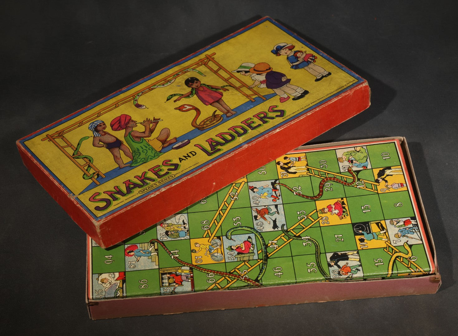 Vintage Snakes and Ladders Board Game and Box, Spear's Games, Manufactured at the Spear Works, Bavaria, Designed in England