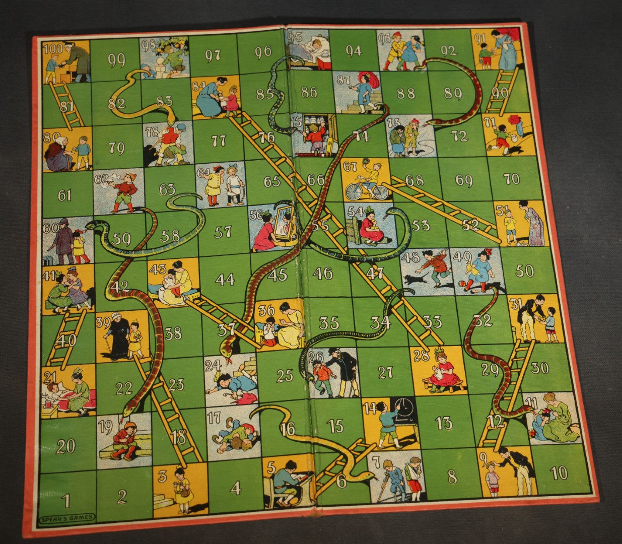 Vintage Snakes and Ladders Board Game and Box, Spear's Games, Manufactured at the Spear Works, Bavaria, Designed in England
