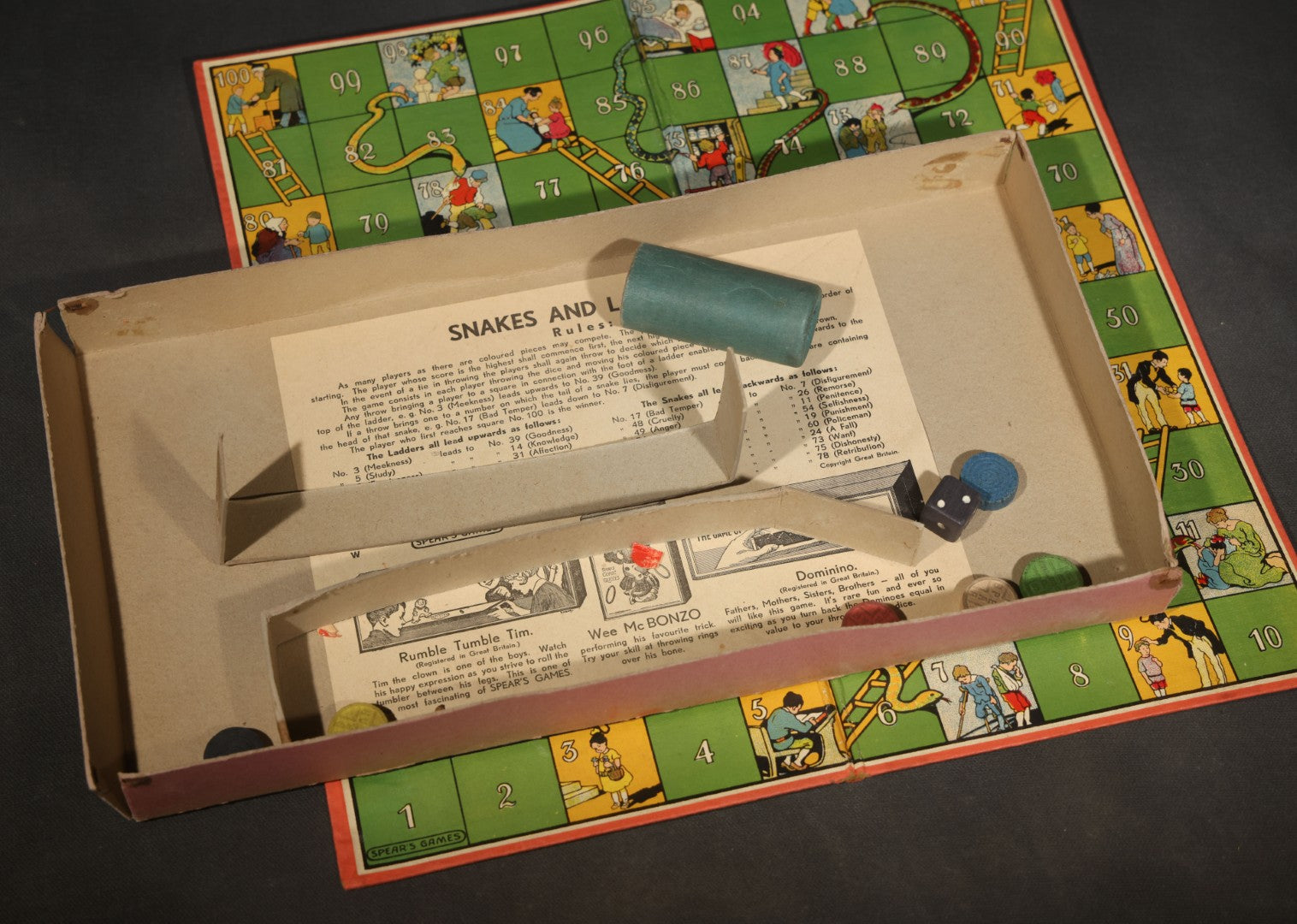 Vintage Snakes and Ladders Board Game and Box, Spear's Games, Manufactured at the Spear Works, Bavaria, Designed in England