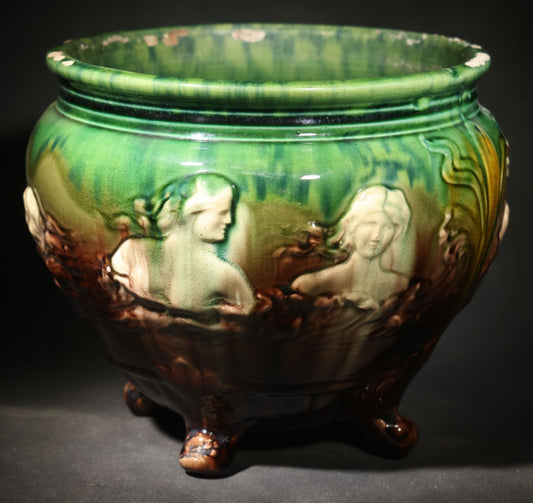 Antique Weller Pottery "Sirens of the Sea" Majolica Jardiniere in Green and Brown Glaze on Scroll Feet, Note Poor Condition