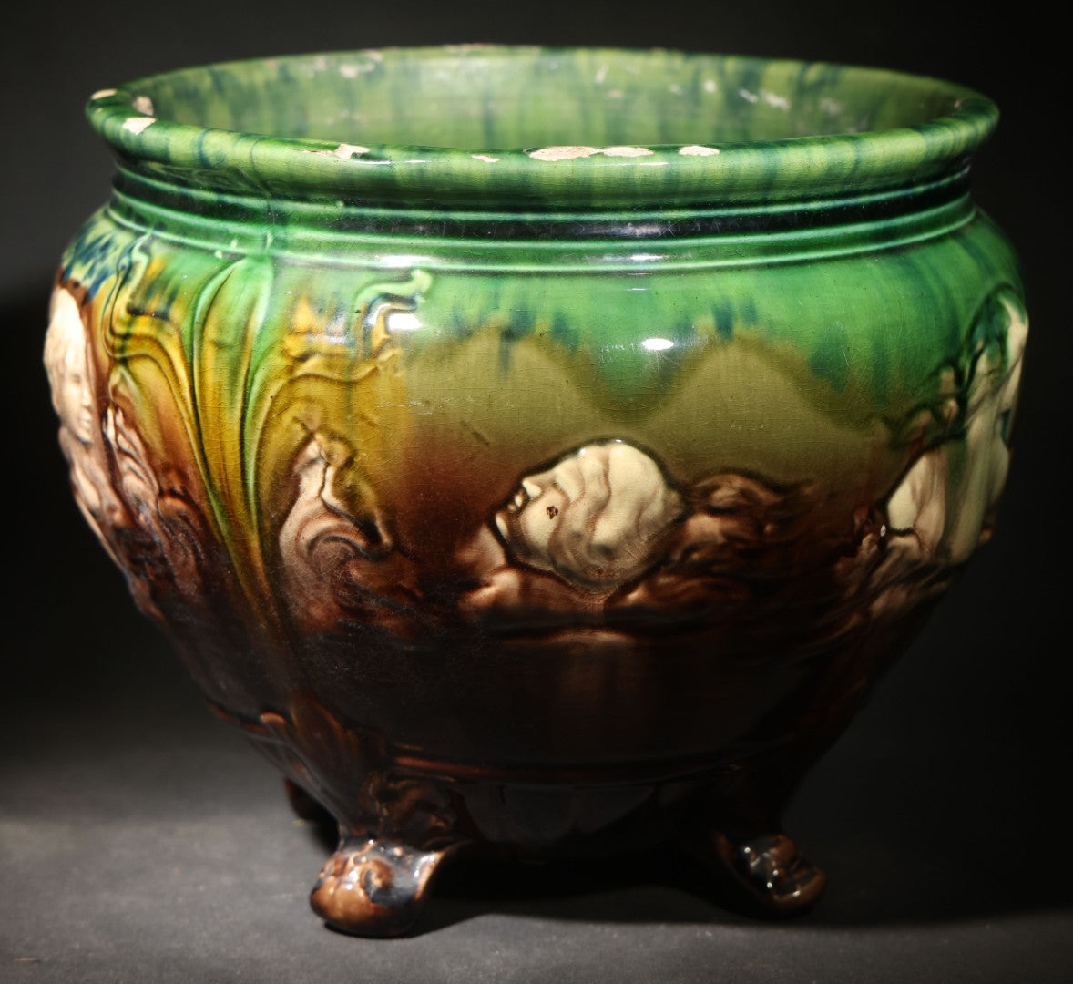 Antique Weller Pottery "Sirens of the Sea" Majolica Jardiniere in Green and Brown Glaze on Scroll Feet, Note Poor Condition