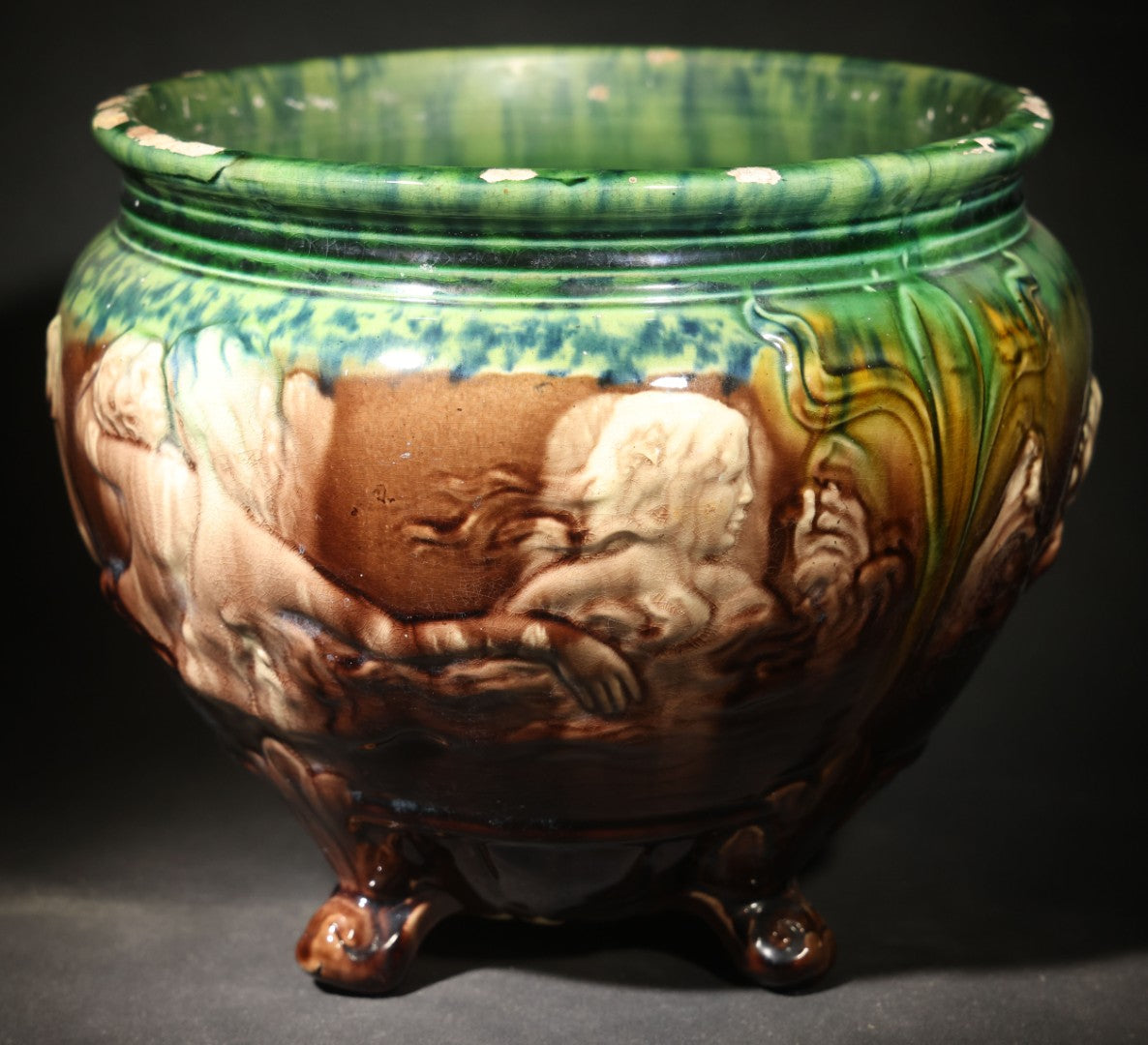 Antique Weller Pottery "Sirens of the Sea" Majolica Jardiniere in Green and Brown Glaze on Scroll Feet, Note Poor Condition