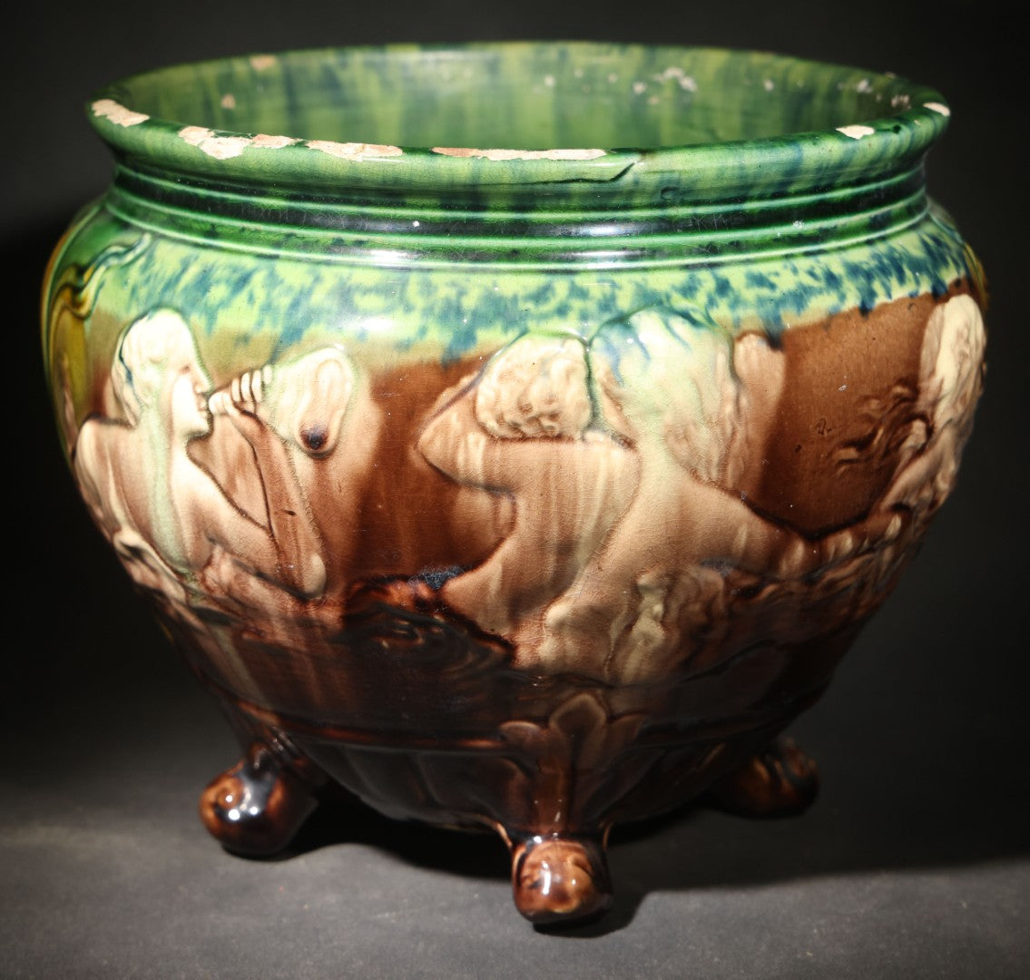 Antique Weller Pottery "Sirens of the Sea" Majolica Jardiniere in Green and Brown Glaze on Scroll Feet, Note Poor Condition