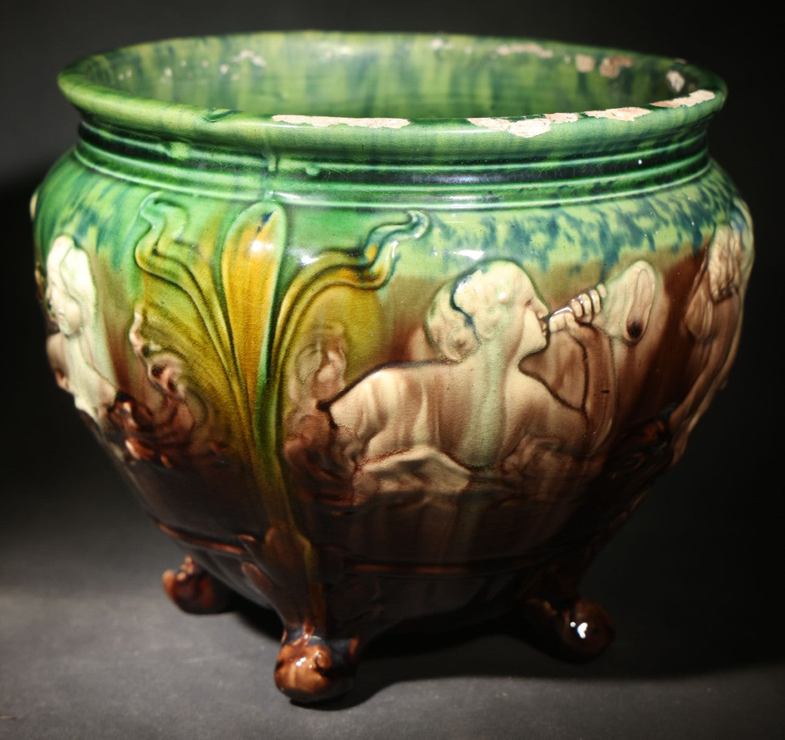Antique Weller Pottery "Sirens of the Sea" Majolica Jardiniere in Green and Brown Glaze on Scroll Feet, Note Poor Condition