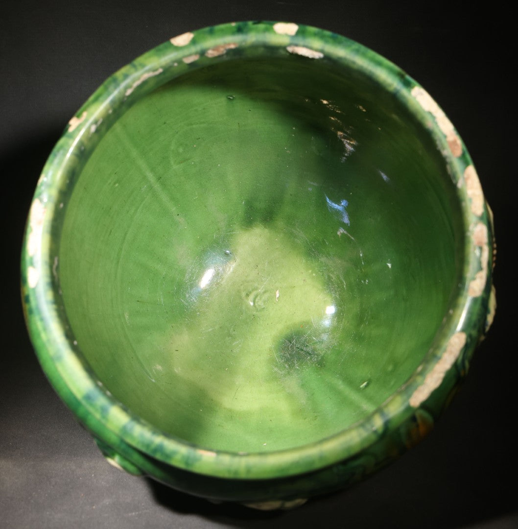Antique Weller Pottery "Sirens of the Sea" Majolica Jardiniere in Green and Brown Glaze on Scroll Feet, Note Poor Condition