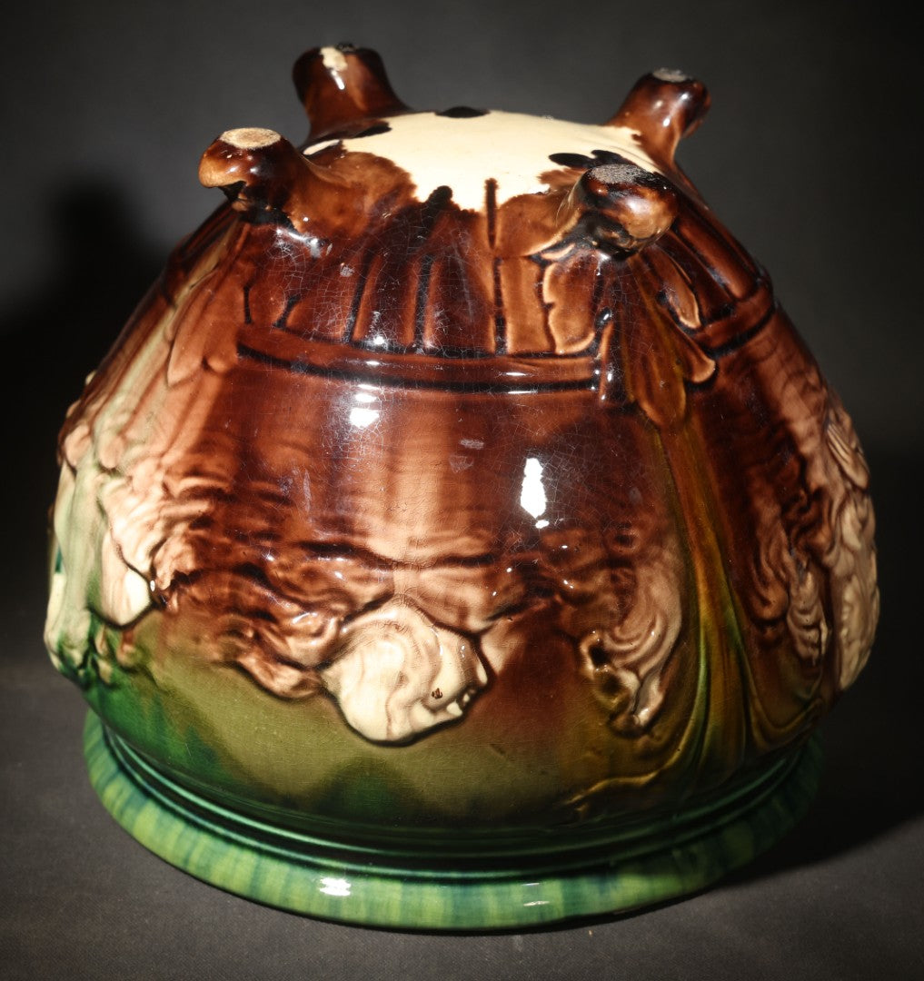 Antique Weller Pottery "Sirens of the Sea" Majolica Jardiniere in Green and Brown Glaze on Scroll Feet, Note Poor Condition