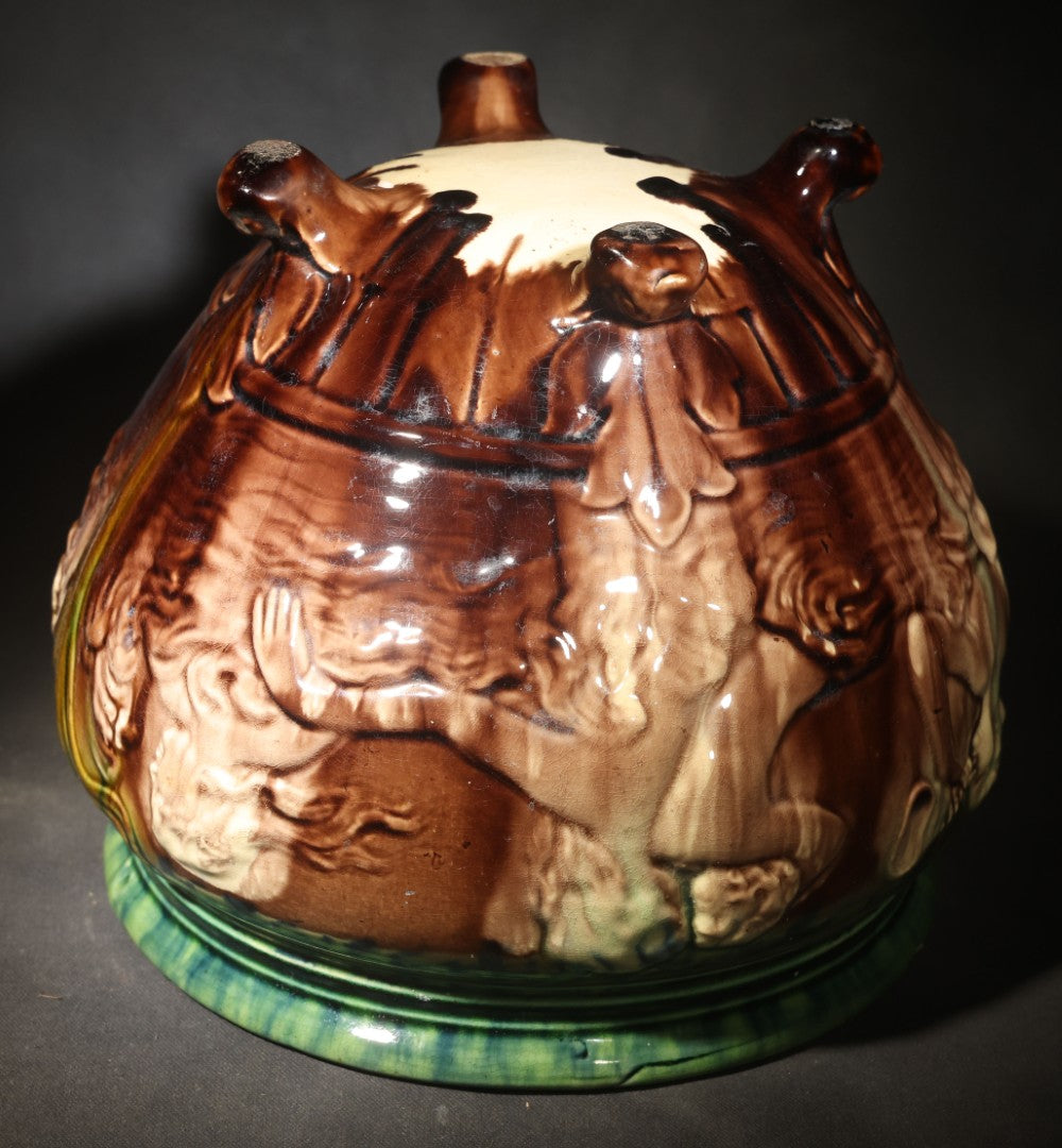 Antique Weller Pottery "Sirens of the Sea" Majolica Jardiniere in Green and Brown Glaze on Scroll Feet, Note Poor Condition