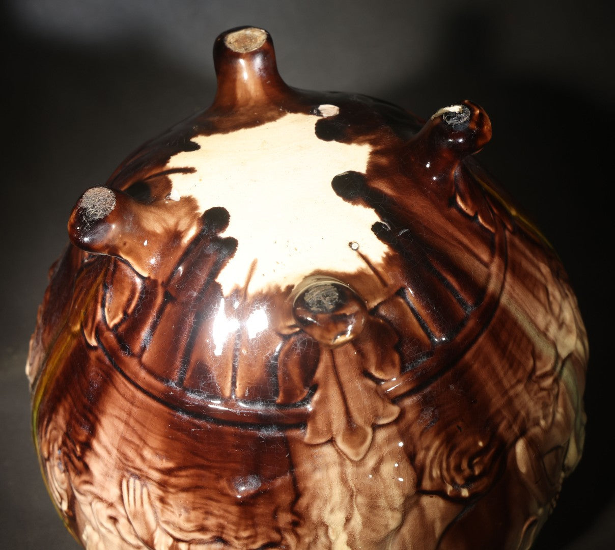 Antique Weller Pottery "Sirens of the Sea" Majolica Jardiniere in Green and Brown Glaze on Scroll Feet, Note Poor Condition