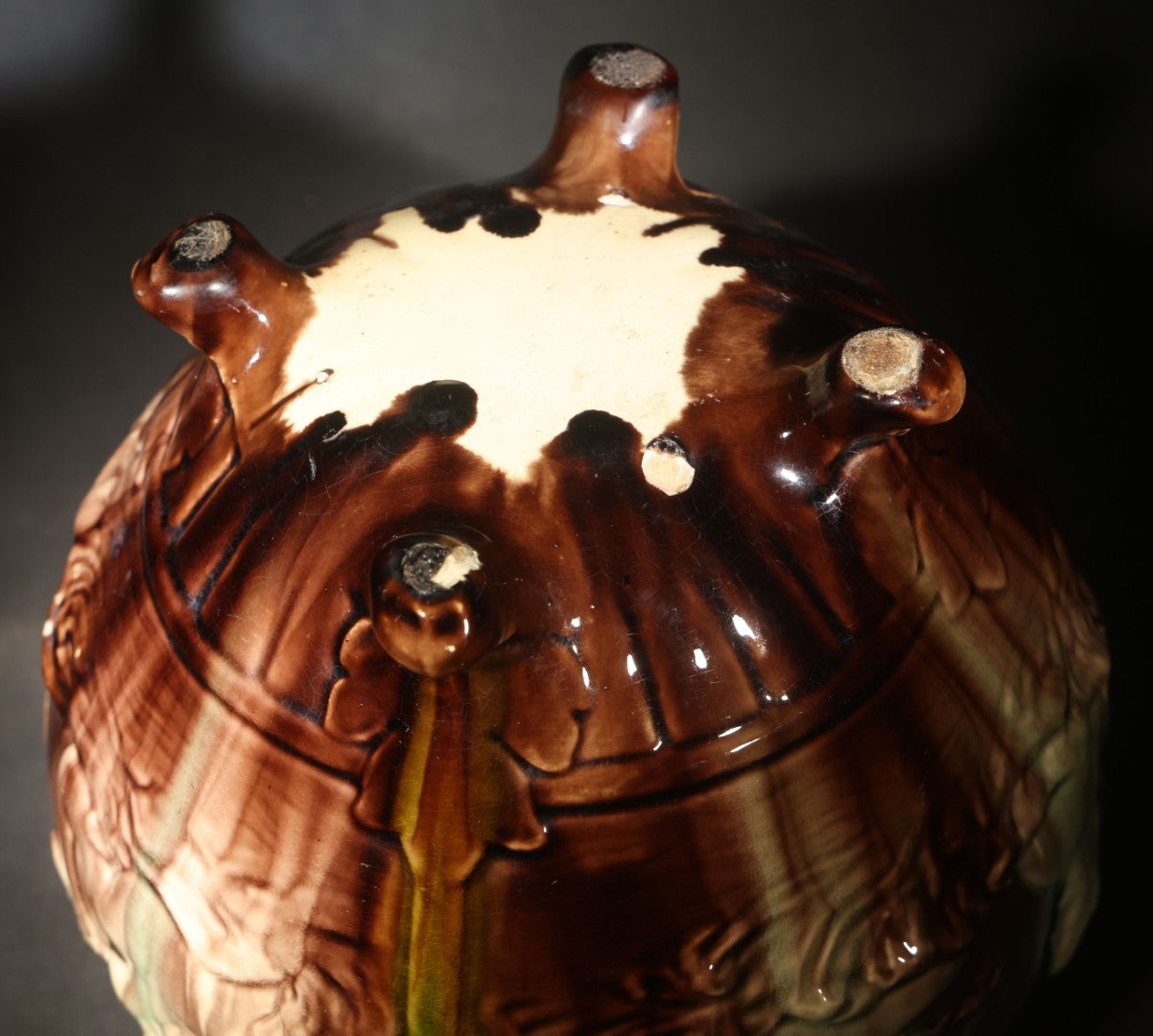 Antique Weller Pottery "Sirens of the Sea" Majolica Jardiniere in Green and Brown Glaze on Scroll Feet, Note Poor Condition