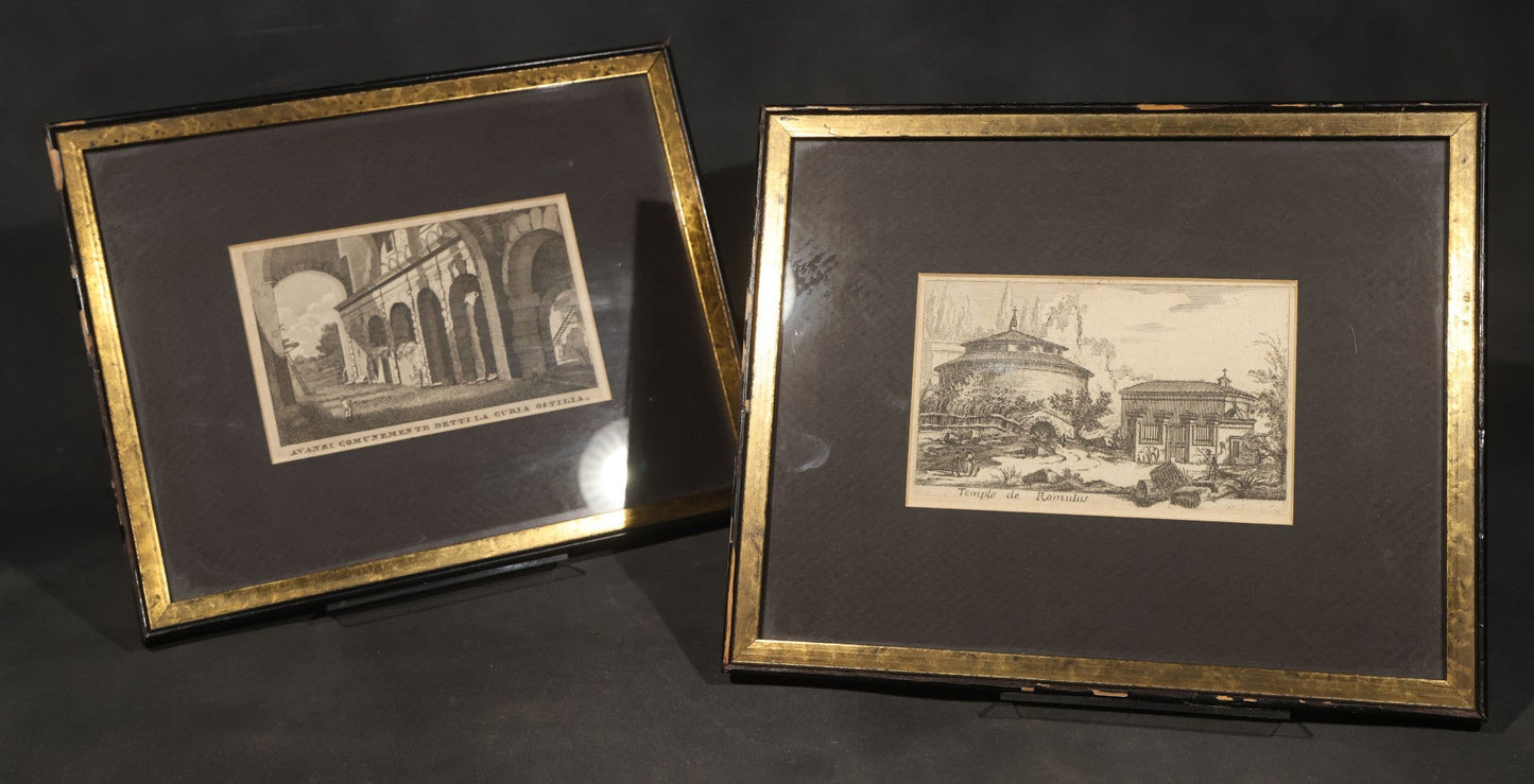 Pair of Antique Engraving Prints of Roman Architecture including "Avanzi Comunemente Detti La Curia Ostilia" ("Remains Commonly Called the Curia Hostilia") and "Temple de Romulus" ("Temple of Romulus") in Modern Frames
