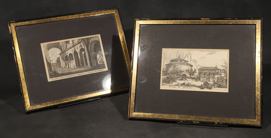 Pair of Antique Engraving Prints of Roman Architecture including "Avanzi Comunemente Detti La Curia Ostilia" ("Remains Commonly Called the Curia Hostilia") and "Temple de Romulus" ("Temple of Romulus") in Modern Frames