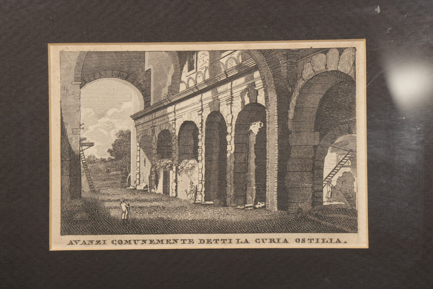 Pair of Antique Engraving Prints of Roman Architecture including "Avanzi Comunemente Detti La Curia Ostilia" ("Remains Commonly Called the Curia Hostilia") and "Temple de Romulus" ("Temple of Romulus") in Modern Frames