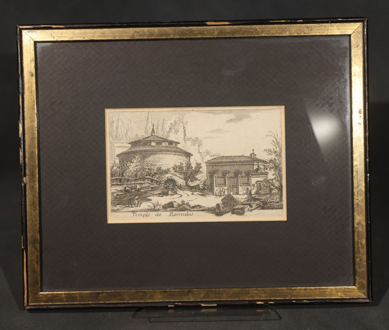 Pair of Antique Engraving Prints of Roman Architecture including "Avanzi Comunemente Detti La Curia Ostilia" ("Remains Commonly Called the Curia Hostilia") and "Temple de Romulus" ("Temple of Romulus") in Modern Frames