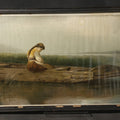 Lot 019 - Antique Framed Chromolithograph Print, "Alone," After Heinrich Vosberg's "Mädchen Im Kahn" ("Girl in a Boat"), Young Woman Seated in a Wooden Boat at a Dock, 16-7/8" W x 9-1/4" H