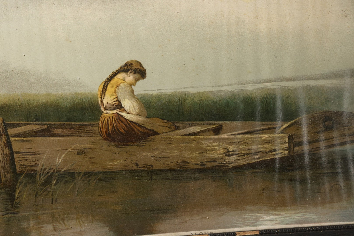 Antique Framed Chromolithograph Print, "Alone," after Heinrich Vosberg's "Mädchen im Kahn" ("Girl in a Boat"), Young Woman Seated in a Wooden Boat at a Dock