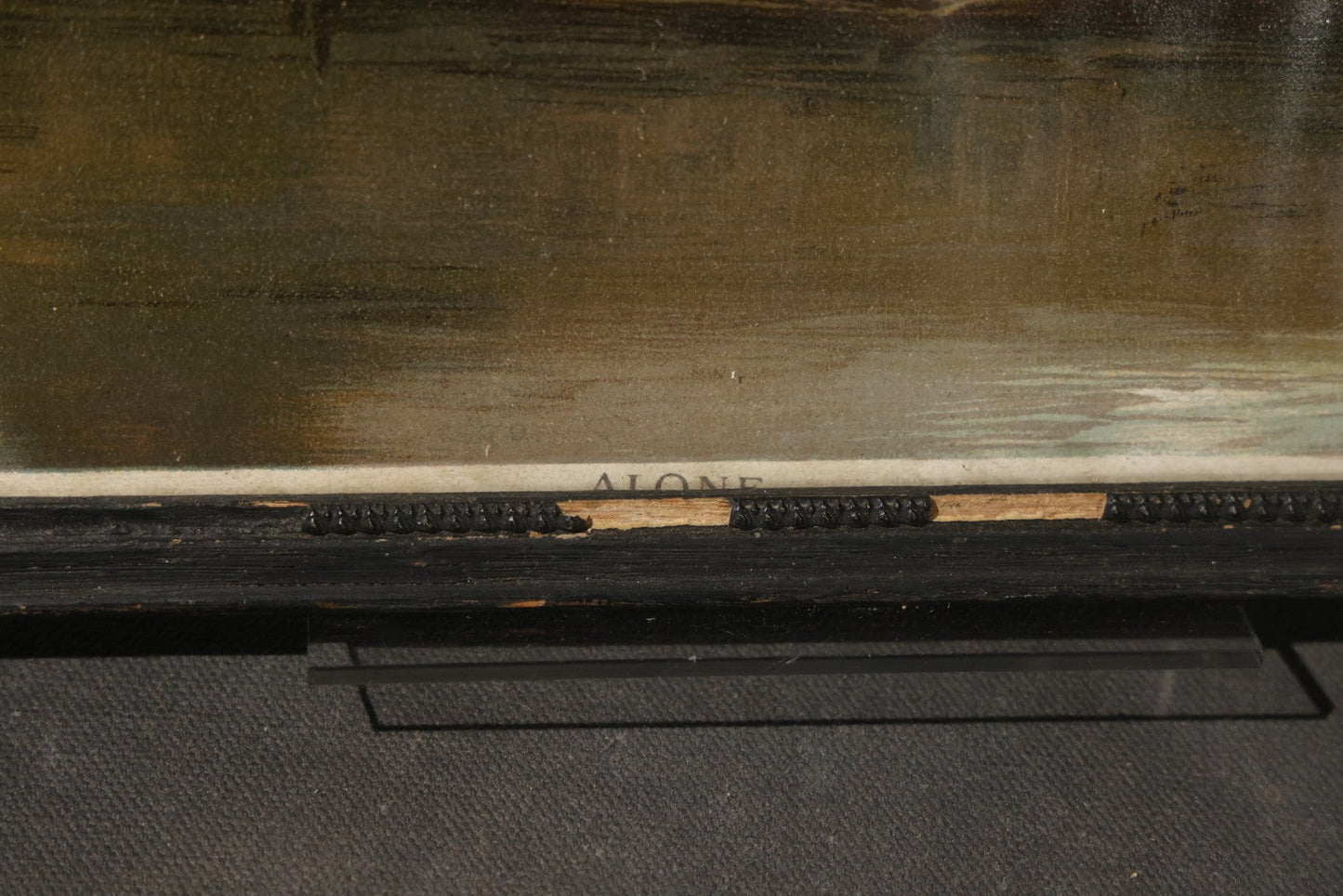 Antique Framed Chromolithograph Print, "Alone," after Heinrich Vosberg's "Mädchen im Kahn" ("Girl in a Boat"), Young Woman Seated in a Wooden Boat at a Dock