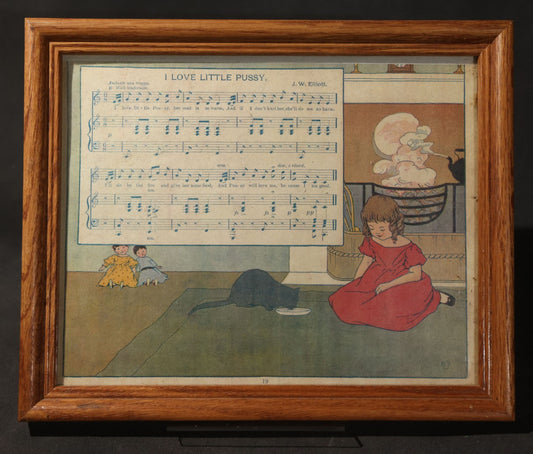Antique Framed "I Love Little Pussy" Page from "The Most Popular Mother Goose Songs," Illustrated by Mabel B. Hill, Published by Hinds, Hayden and Eldredge, Inc., New York, 1915