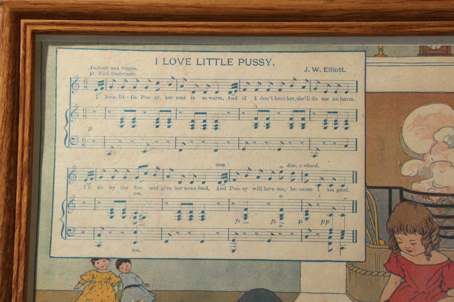 Antique Framed "I Love Little Pussy" Page from "The Most Popular Mother Goose Songs," Illustrated by Mabel B. Hill, Published by Hinds, Hayden and Eldredge, Inc., New York, 1915