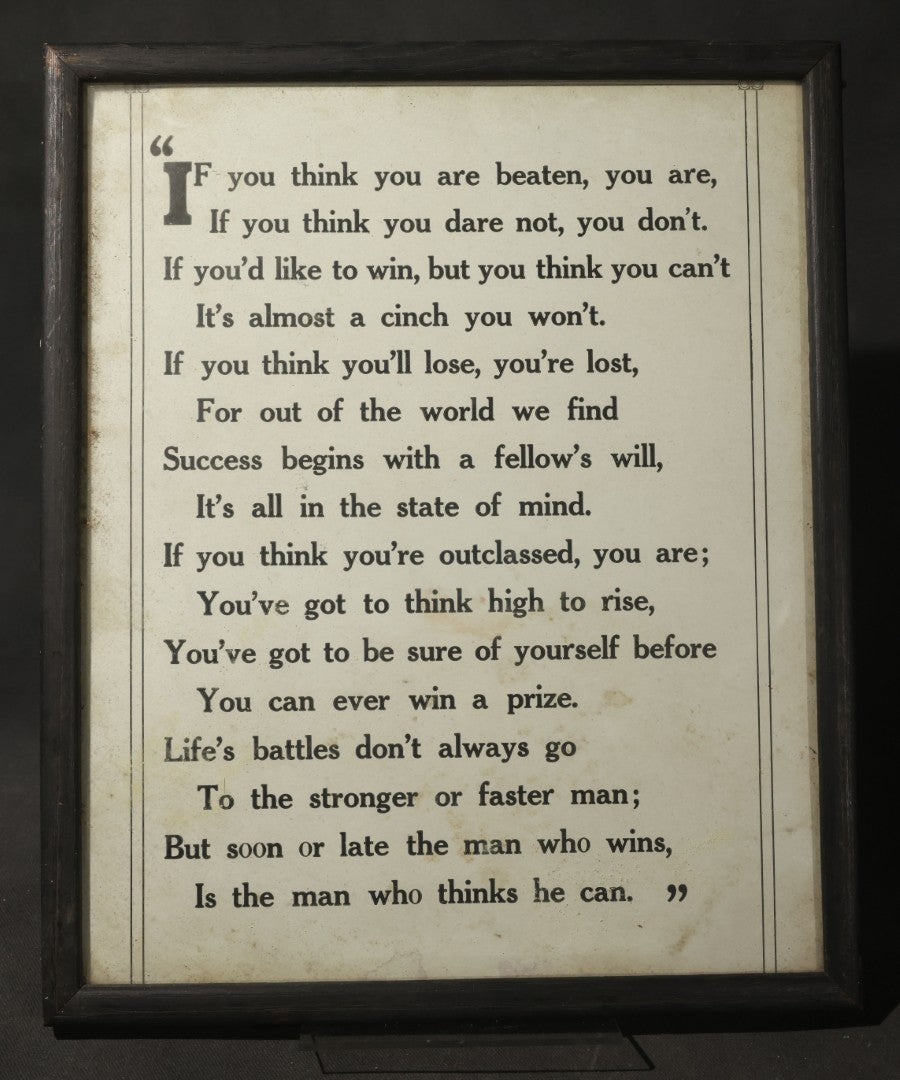 Vintage Framed Inspirational Poem Print, "If You Think You Are Beaten, You Are"