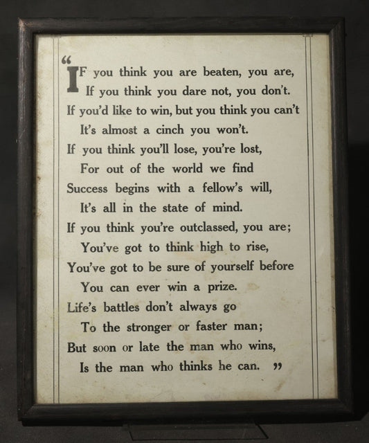 Vintage Framed Inspirational Poem Print, "If You Think You Are Beaten, You Are"
